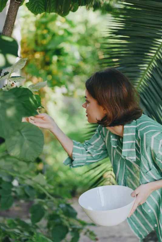 A woman wearing a green striped shirt leans toward leafy plants, examining foliage while holding a white bowl in a sunlit garden.