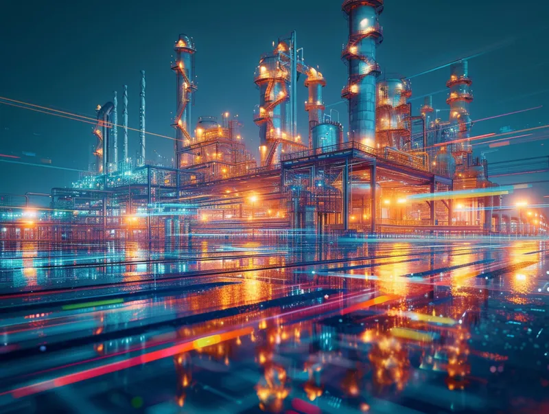 Ночной индустриальный пейзаж с огнями нефтеперерабатывающего завода и дымящими трубами на заднем плане