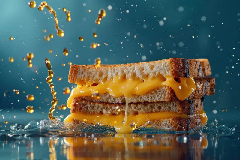 Вкусный бутерброд с вытекающим расплавленным сыром на сине-зеленом фоне, с брызгами воды, усиливающими аппетитную сцену с едой