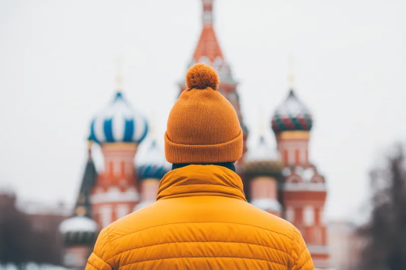 На этом изображении запечатлен молодой человек в ярком оранжевом зимнем пальто и шапке, смотрящий на знаменитый собор Василия Блаженного