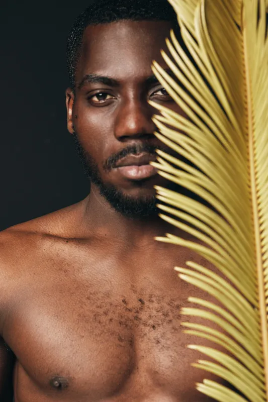African man with dark skin and bare chest posing with palm leaf in creative conceptual visual style. Closeup portrait with natural light and artistic composition on black background.