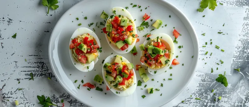 Вкусные фаршированные вареные яйца, украшенные нарезанными кубиками помидорами, огурцами и зеленью, поданные на декоративной тарелке