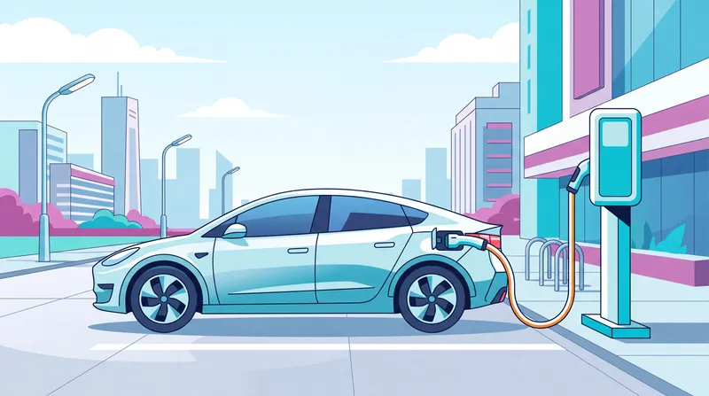 Иллюстрированная сцена зарядки электромобиля с автомобилем в профиль, современным зарядным устройством и чистым городским горизонтом в футуристической палитре