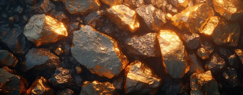 Живописный 3D-рендер каменной стены с золотыми и черными камнями на переднем плане, на заднем плане светит солнце