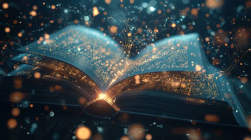 Завораживающая открытая книга, излучающая светящиеся страницы, окруженная искрящимися частицами и эффектами волшебного света