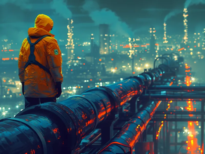 Мужчина в оранжевом дождевике стоит на трубах нефтеперерабатывающего завода в пасмурный день