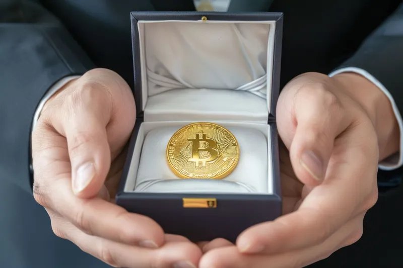 Мужчина в костюме держит золотую монету биткоин в подарочной коробке