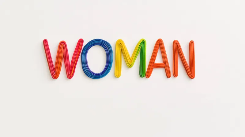 Креативная и красочная композиция слова WOMAN, составленная из скрепок на чистом белом фоне, подчеркивающая темы расширения прав и возможностей, разнообразия и женственности в современном стиле