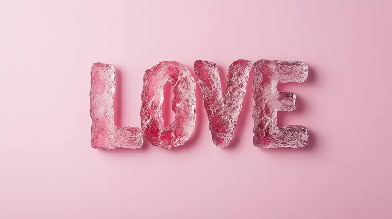 Креативные розовые ледяные буквы, составляющие слово LOVE, на пастельно-розовом фоне