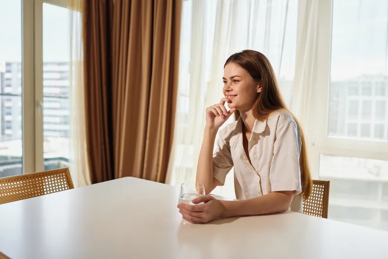 Woman, portrait, smile, morning, glass, table, window, home. Young woman sitting at a sunlit table holding a glass, relaxed and thoughtful, enjoying calm morning light in a bright apartment interior.