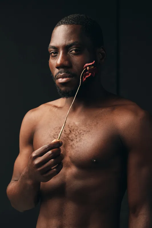 African man with dark skin holding dried flower near face in creative conceptual visual style. Portrait of shirtless male model with artistic expression on dark background for beauty and emotion.