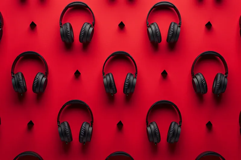 Черные наушники, расположенные на красном фоне, с надписью «headphones» на них