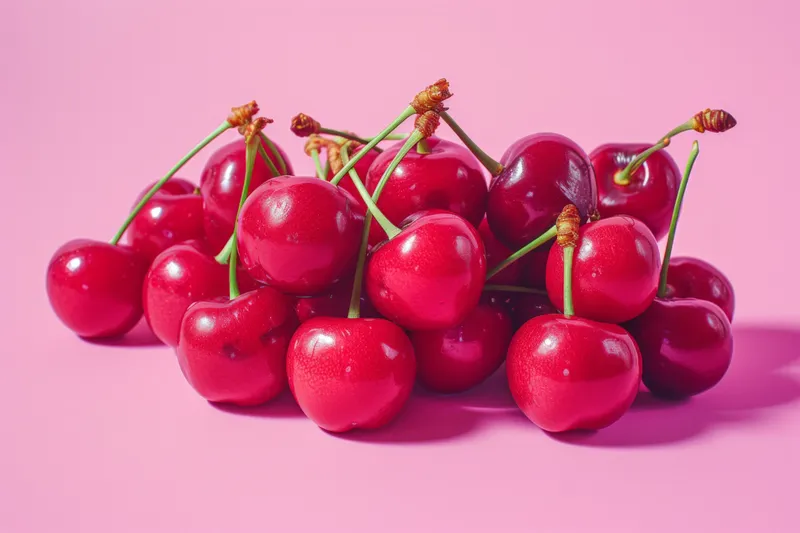 Вкусная спелая вишня на ярком розовом фоне с надписью «cherries», свежая и фруктовая концепция
