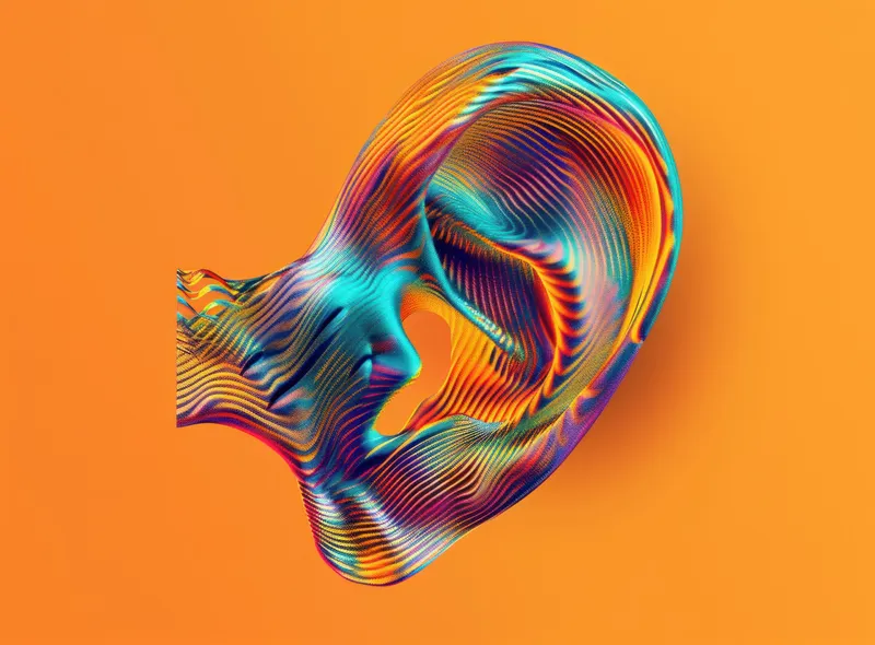 Яркая 3D-иллюстрация цветного уха на оранжевом фоне с местом для текста