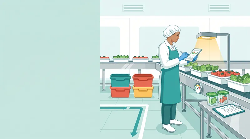 Плоская иллюстрация инспектора по качеству продуктов, проверяющего свежие продукты на гигиенической конвейерной линии, идеально подходит для контента о безопасности пищевых продуктов…