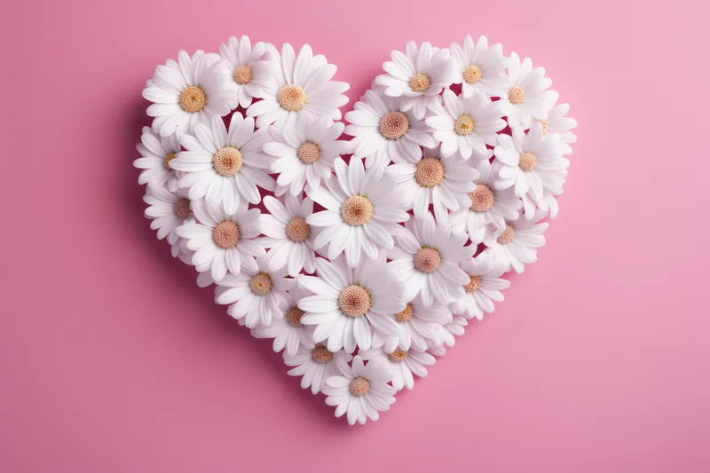 Цветочная любовь расцветает: романтическая ромашка в белой рамке в форме сердца на ярком синем фоне с текстурой свежей природы