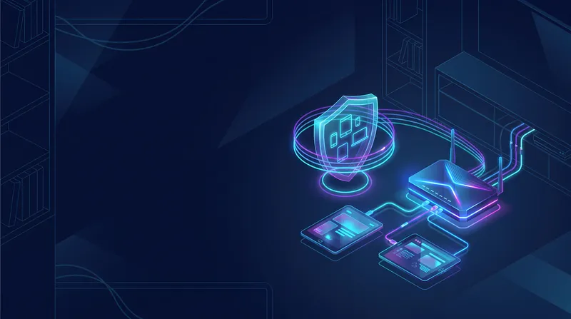 Неоновая цифровая иллюстрация безопасности домашнего интернета с маршрутизатором, устройствами и защитными сигнальными графическими элементами, без людей