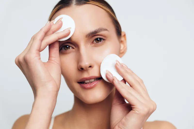 A young woman with clear skin removes makeup using cotton pads on her face against a plain white background. The concept highlights skincare and beauty routine.