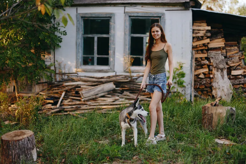 Женщина и её хаски весело играют на улице в парке среди деревьев