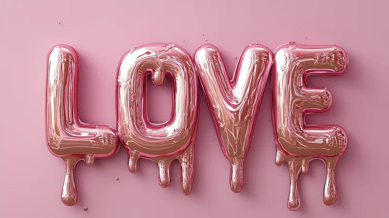 Розовые подтекающие буквы LOVE на мягком пастельном фоне, передающие романтические эмоции и праздничные чувства, идеально подходят для проектов ко Дню святого Валентина или на тему любви