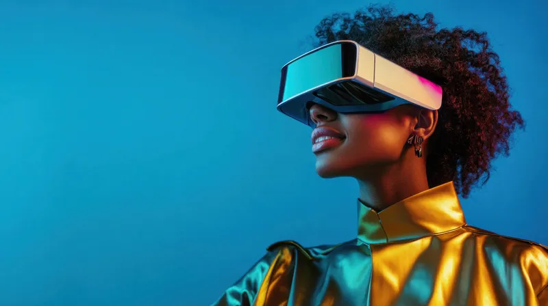 Уверенная молодая женщина африканского происхождения в футуристических VR-очках, подчеркивающая пересечение моды и технологий