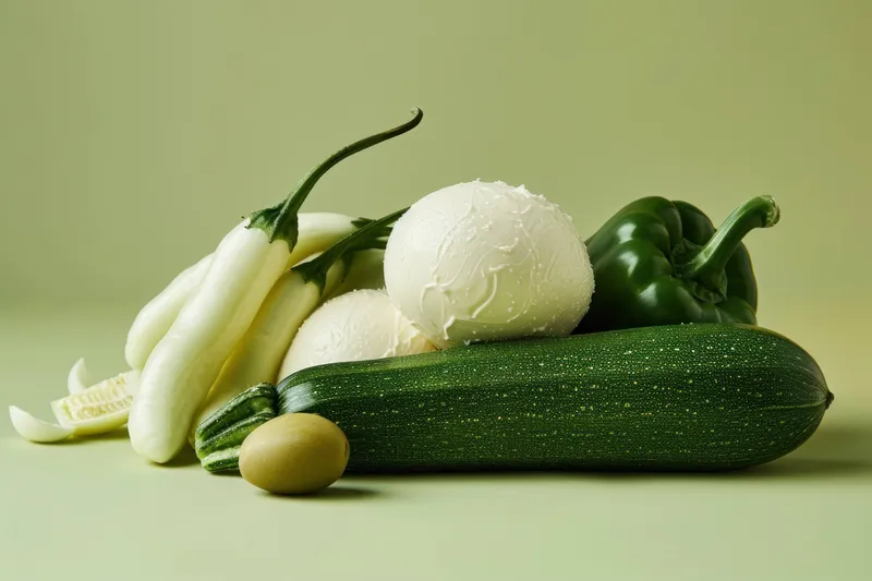 Яркая композиция из свежих овощей, включая цукини, перец и сыр моцарелла, представляющая здоровый образ жизни и концепцию органической еды