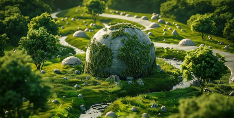 3D-рендеринг величественного каменного шара, окруженного пышной зеленью в поле