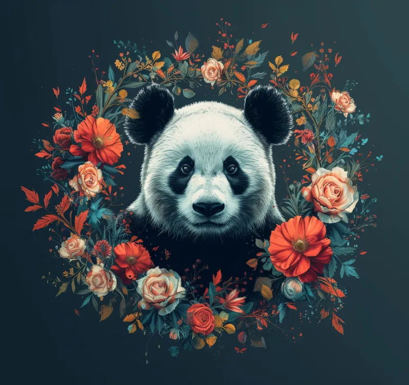Иллюстрация панды, окруженной цветами на темном фоне, с текстом «Panda and Flowers»