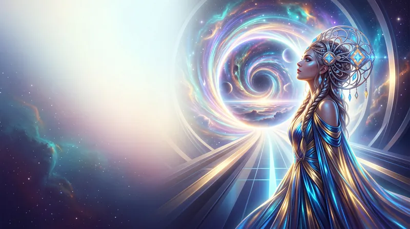Оригинальная женская фигура стоит перед ярким космическим порталом, сочетая духовность, трансформацию и футуристическую интерпретацию души