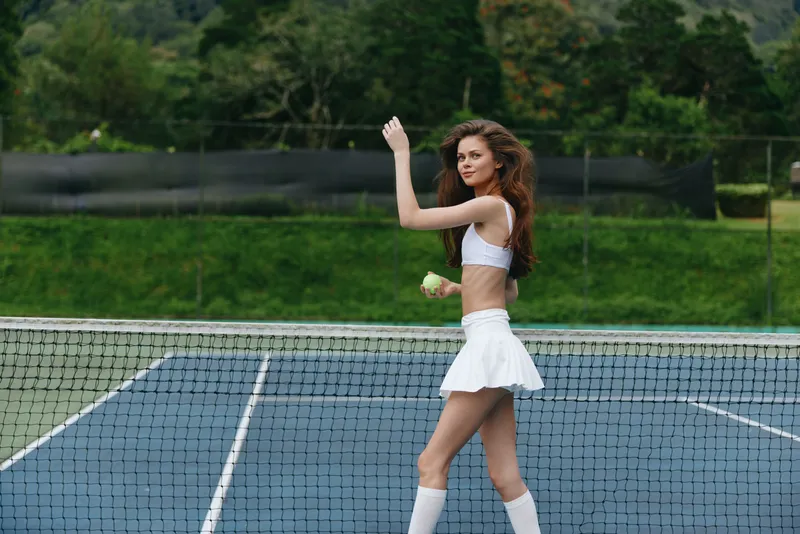Young athletic woman in a white tennis outfit poses confidently on the court, showcasing a sporty lifestyle and elegance in a vibrant outdoor setting