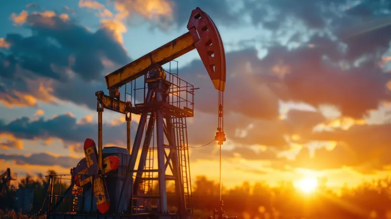 Впечатляющая нефтяная качалка работает на закате, а красочные облака отражают золотистый свет, символизируя производство энергии и промышленный прогресс