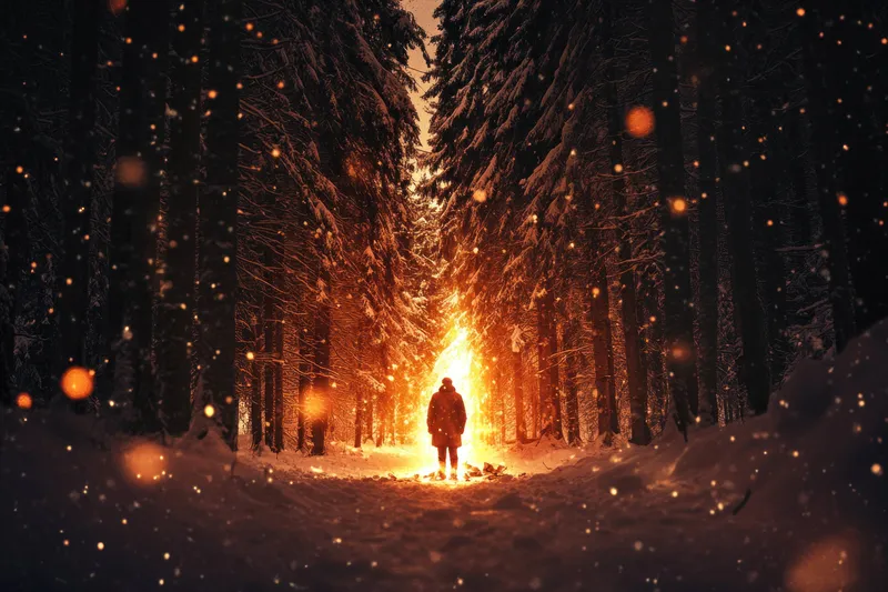 Одинокая фигура, тепло одетая в зимнюю одежду, стоит среди высоких заснеженных деревьев, освещённая светящимся огоньком