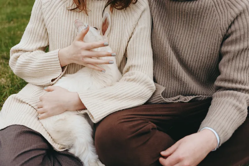 Cozy couple outdoors on grass cradling a white rabbit. Warm sweaters, soft light, intimate lifestyle moment highlighting pet care, comfort, and companionship in a natural setting for wellness,