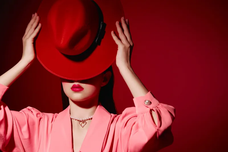 Stylish woman wearing a vibrant red hat hides her eyes, dressed in a pink jacket and matching red lipstick. Fashion portrait with bold color contrast and modern accessories.