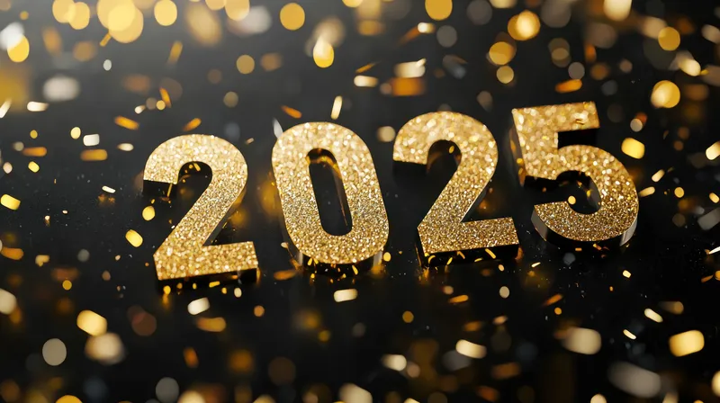 Яркие и сверкающие золотые цифры «2025» на темном фоне в окружении праздничных конфетти передают радостное настроение встречи наступающего года