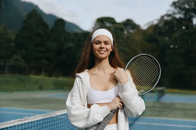 Young female tennis player smiling confidently on the court, wearing sporty attire, showcasing a healthy lifestyle and vibrant energy in a natural outdoor setting