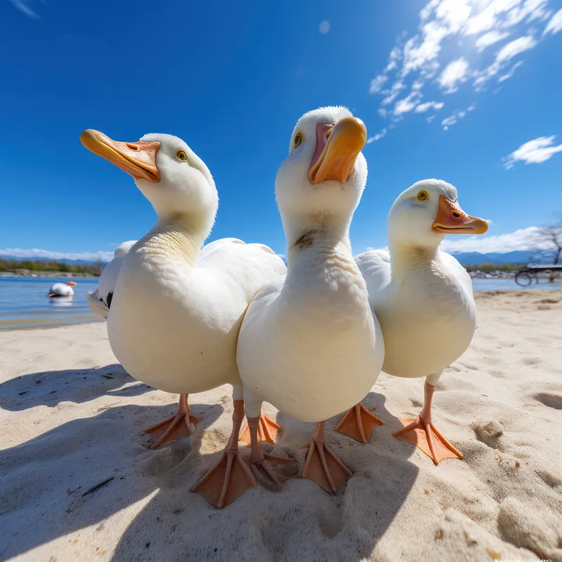 Грациозное собрание водоплавающих птиц: величественные птицы в гармоничном белом оперении среди живописной зелени у безмятежного озера