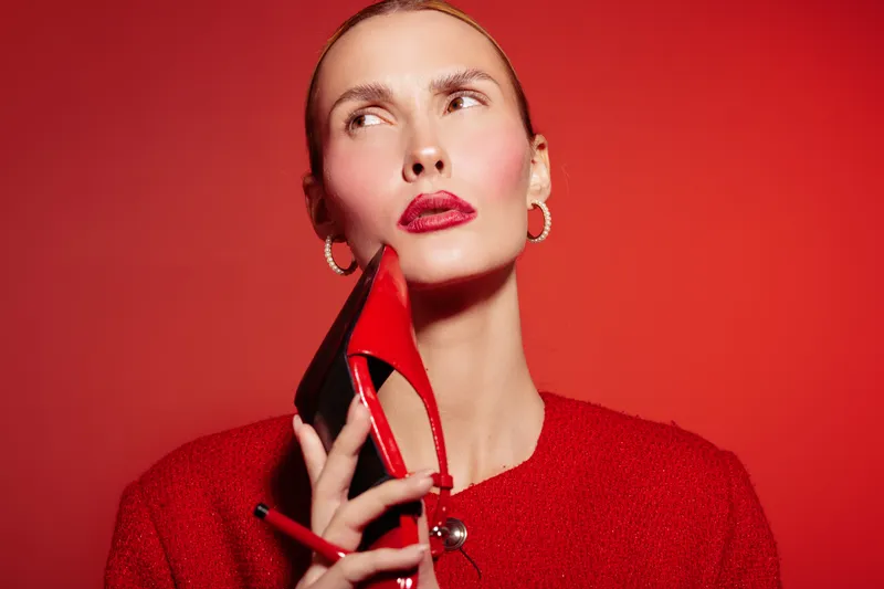 Stylish woman in red sweater holds red high heel shoe near face, looking away. Bright red background creates bold fashion and beauty concept with confident model and vibrant colors.