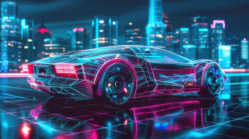 Гладкий голографический спортивный автомобиль, освещенный неоновыми огнями на фоне потрясающего городского горизонта, создает высокотехнологичную атмосферу