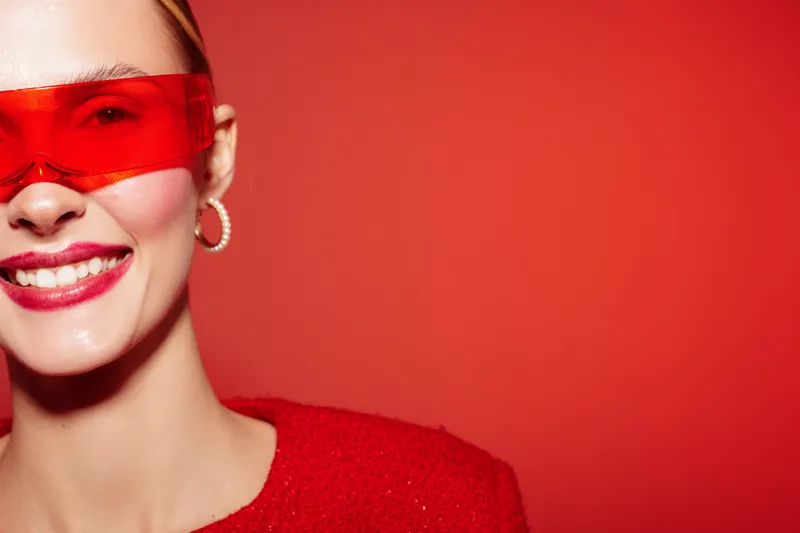 Smiling woman with red sunglasses and red sweater poses against red background. Close-up portrait with bright makeup and hoop earrings. Concept of fashion, style, and confidence.