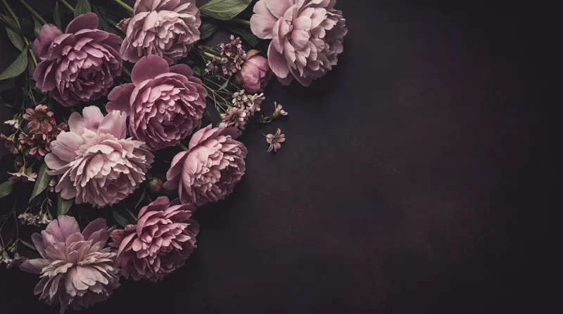 Винтажный темный цветочный фон с пионами цвета mauve и полевыми цветами, ниспадающими с одной стороны, и открытым пространством для текста с другой