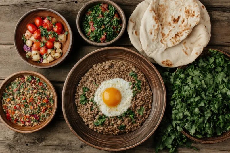 Яркая демонстрация здоровой ближневосточной кухни, включающая блюдо из чечевицы с яйцом, свежие салаты и зелень, сервированные на деревянном столе в деревенском стиле