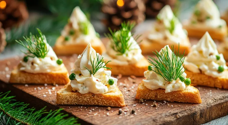 Вкусные закуски, красиво разложенные на деревянной доске в деревенском стиле, с кремообразными начинками и свежей зеленью