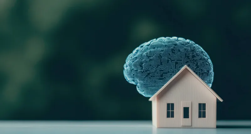 Концептуальное изображение деревянного дома, увенчанного цифровым мозгом, символизирующее связь между домом, психическим здоровьем и осознанностью