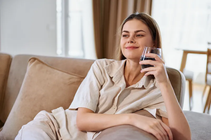 Woman relaxing on sofa at home, holding a glass of wine and smiling in a casual portrait. Cozy living room, comfort and leisure mood with soft natural light and content expression.