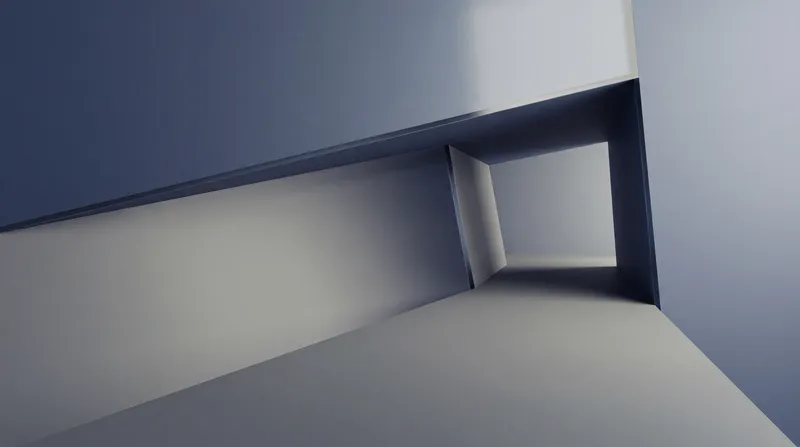 Непрозрачный абстрактный фон в 3D-стиле с противоположными плоскостными массами, чистым открытым пространством, смещенным от центра, холодными индиго и каменными тонами и большим пространством для…
