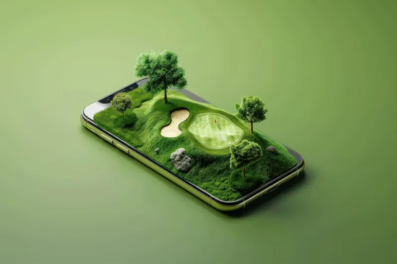 Зеленое поле для гольфа на экране смартфона с зеленым фоном, 3D-иллюстрация цифровой реконструкции игрового процесса в гольф