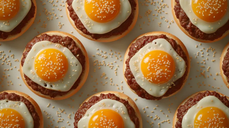 Вкусные бургеры с яичницей-глазуньей и кунжутом на ярком жёлтом фоне