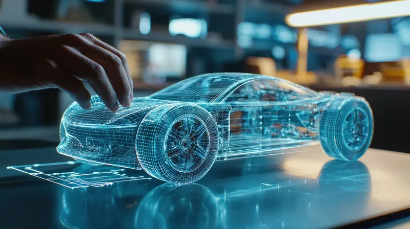 Инновационная прозрачная модель автомобиля в стильном рабочем пространстве, подчеркивающая технологии и инженерию