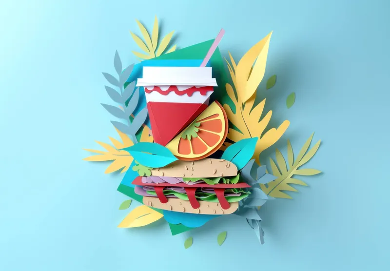 Яркая композиция из сэндвича, напитка и цитрусовых, выполненных из бумажных вырезок, демонстрирующая игривую и красочную летнюю тему еды
